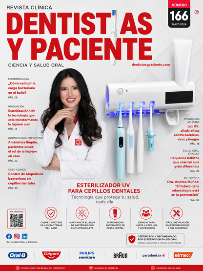 Portada estilo revista dental con producto Petliva Dental UV Pro